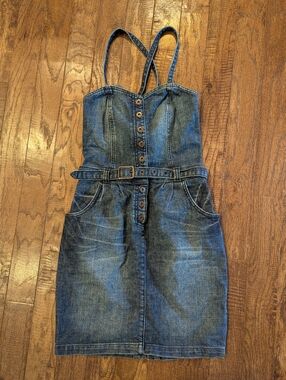 Y2K Denim Pinafore Mini Dress, Sleeveless Button Up With belt & pockets  Sz 4